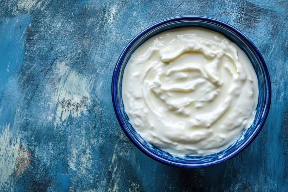 Labneh Cheese Dip And Pita For A Classic Middle Eastern Breakfast Greek Yogurt In A Blue Bowl Overhead View