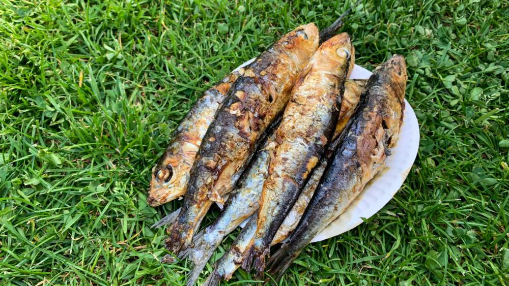 Grilled Sardines Nestle On Sunlit Grass, Evoking Coastal Feasts Of Saint John Festivities And Midsummer Night Revelry