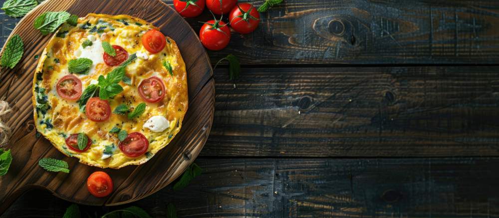 A Rustic Omelette Made From Organic Ingredients Like Eggs, Mozzarella, And Mint, Beautifully Presented On A Wooden Cutting Board With Copy Space Image.