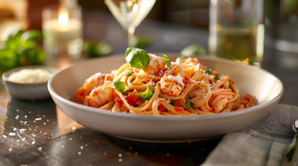 Gourmet Linguine Pasta With Succulent Lobster Chunks In A Rich Tomato Cream Sauce