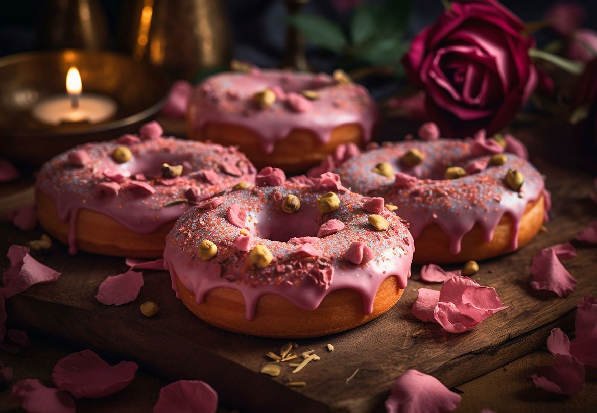 Illustration Of Rose Petal Topped Donuts With Pink Frosting, Per