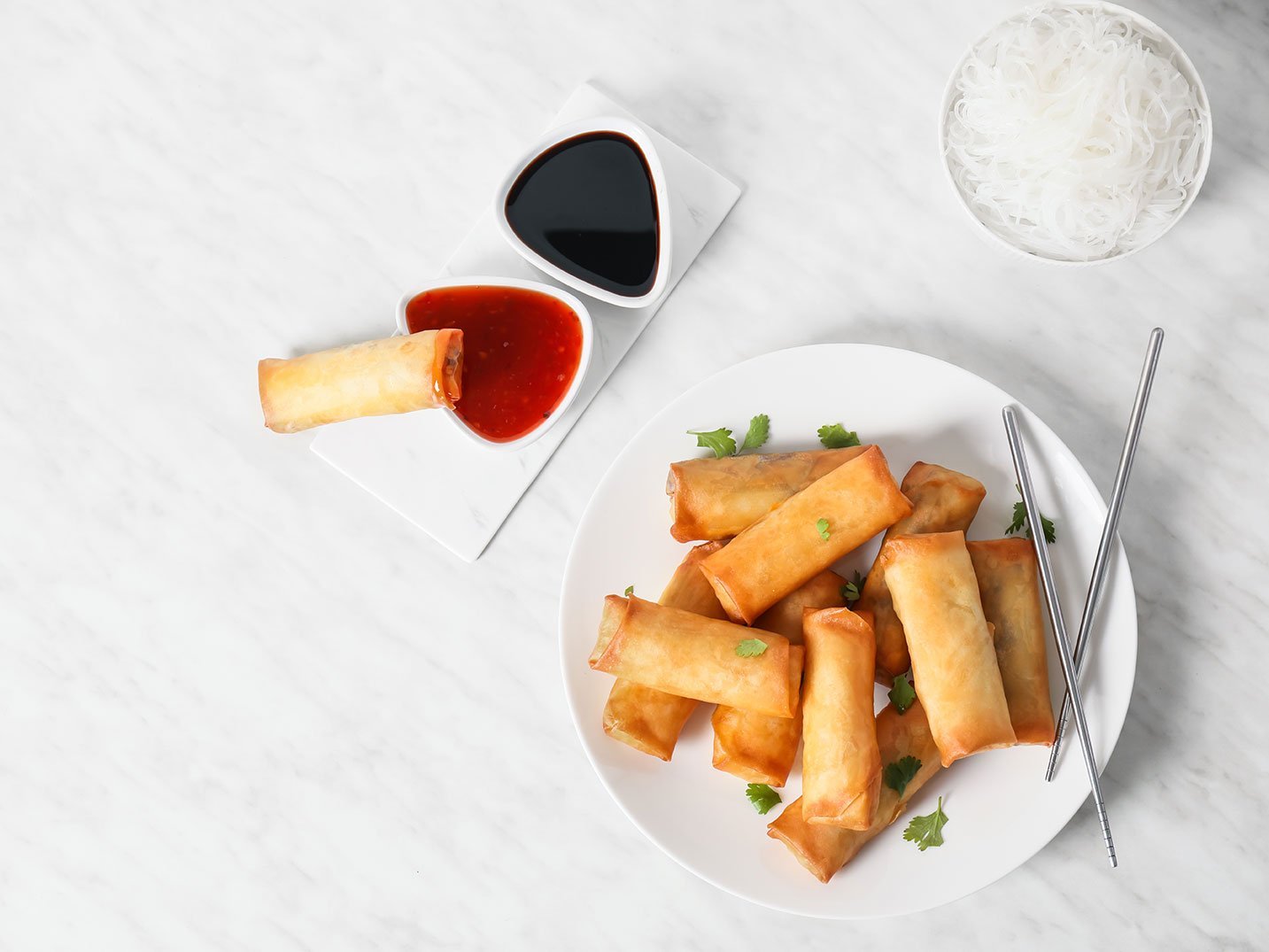 Plate With Tasty Fried Spring Rolls And Sauce On Light Backgroun