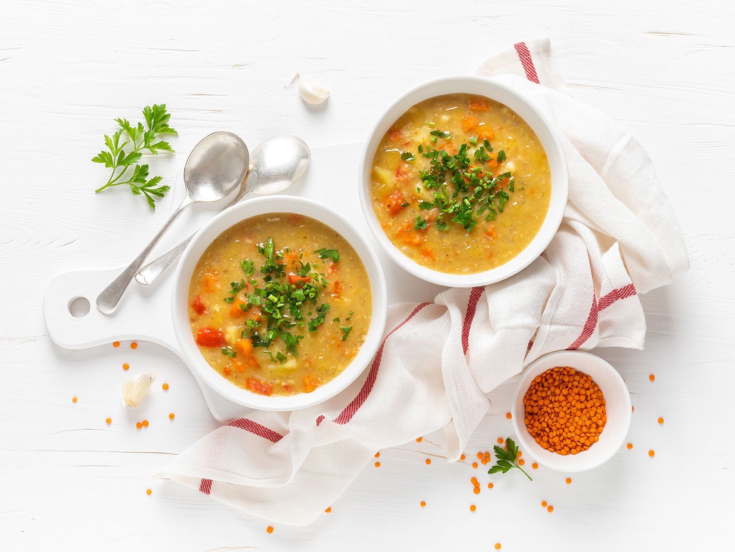 Vegetarian Vegetable Lentil Soup With Fresh Parsley, Healthy Eating, Top View