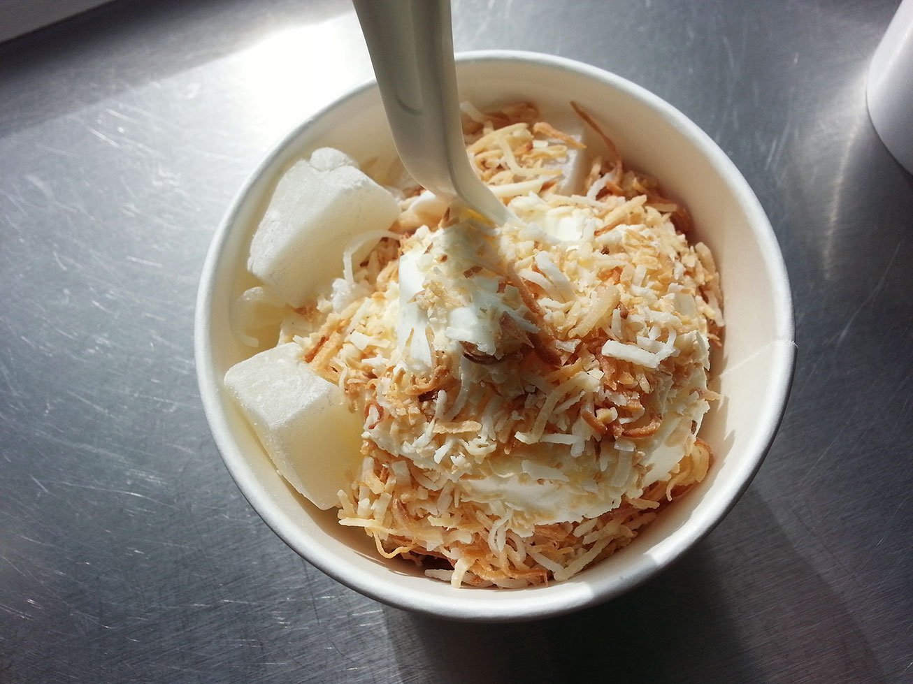Plain Original Flavor Frozen Yogurt In Take Out Bowl With Compos