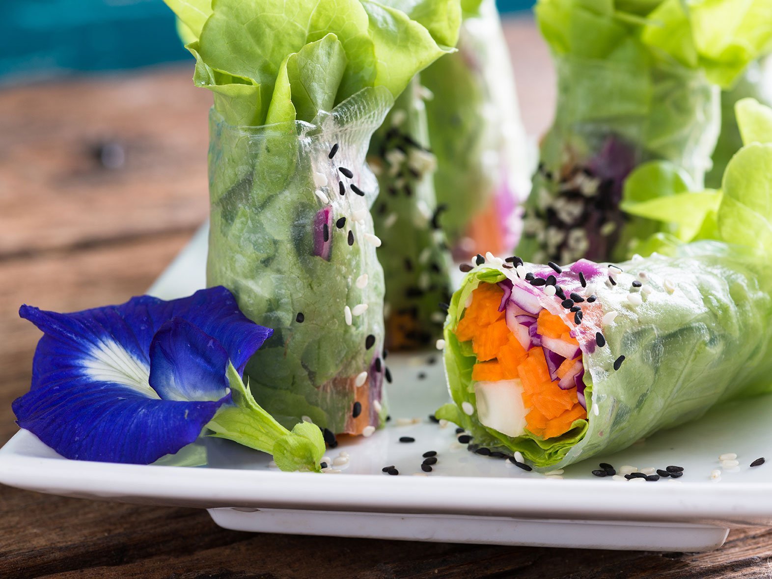 Fresh Vegetable Noodle Spring Roll, With Butterfly Pea Flower.