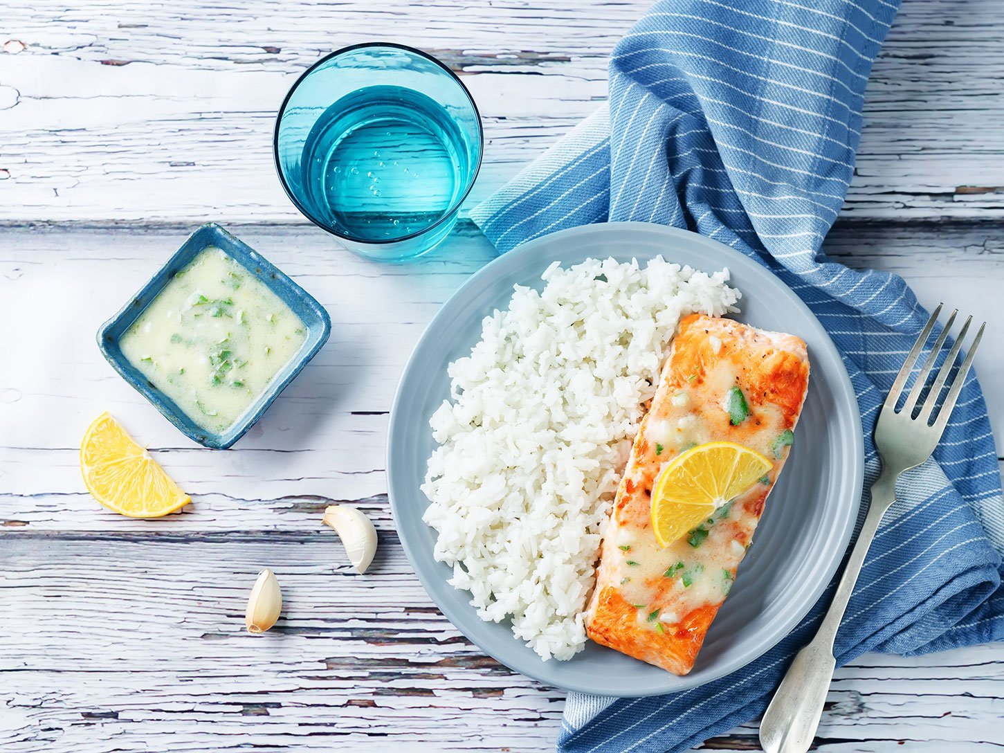 Salmon With Garlic Lemon Butter Sauce And Rice