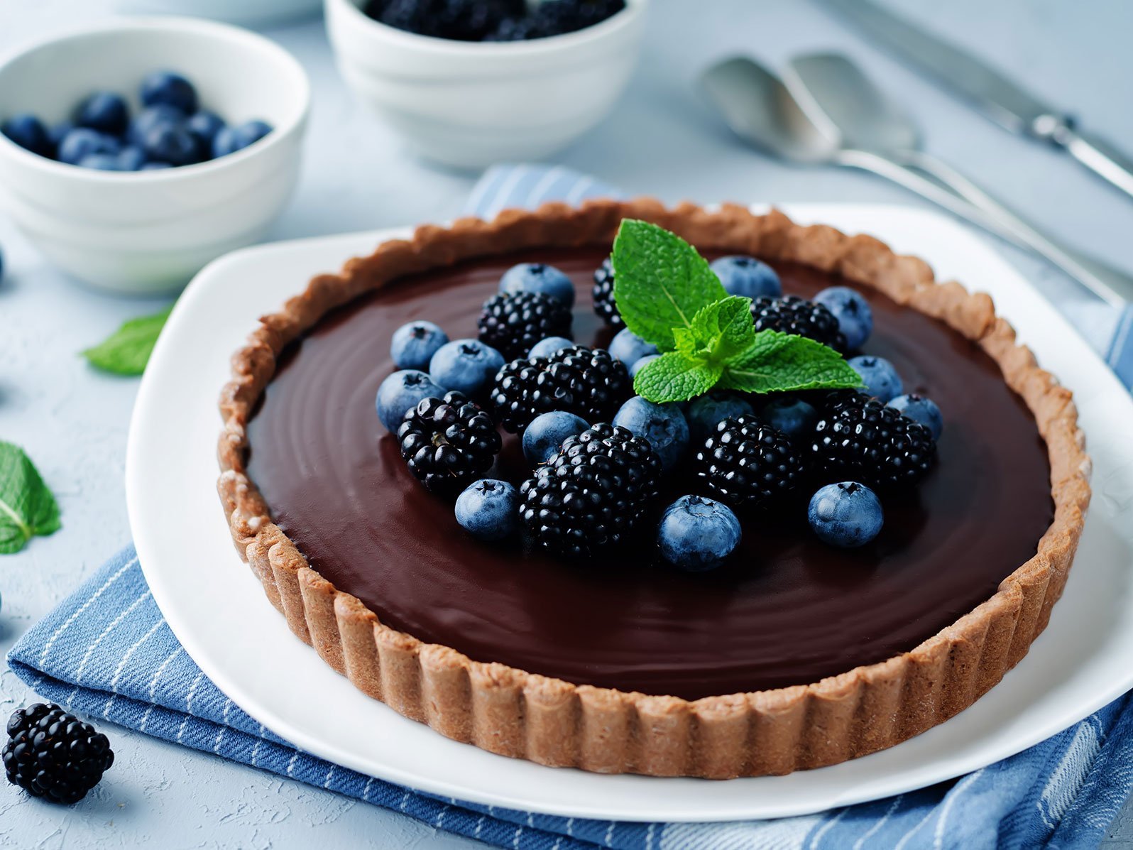 Chocolate Tart With Blackberries And Blueberries.