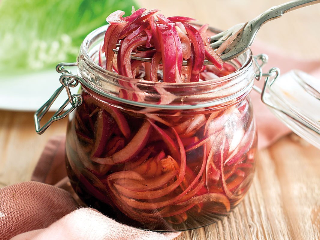 Pickled Red Onions In A Glass Jar