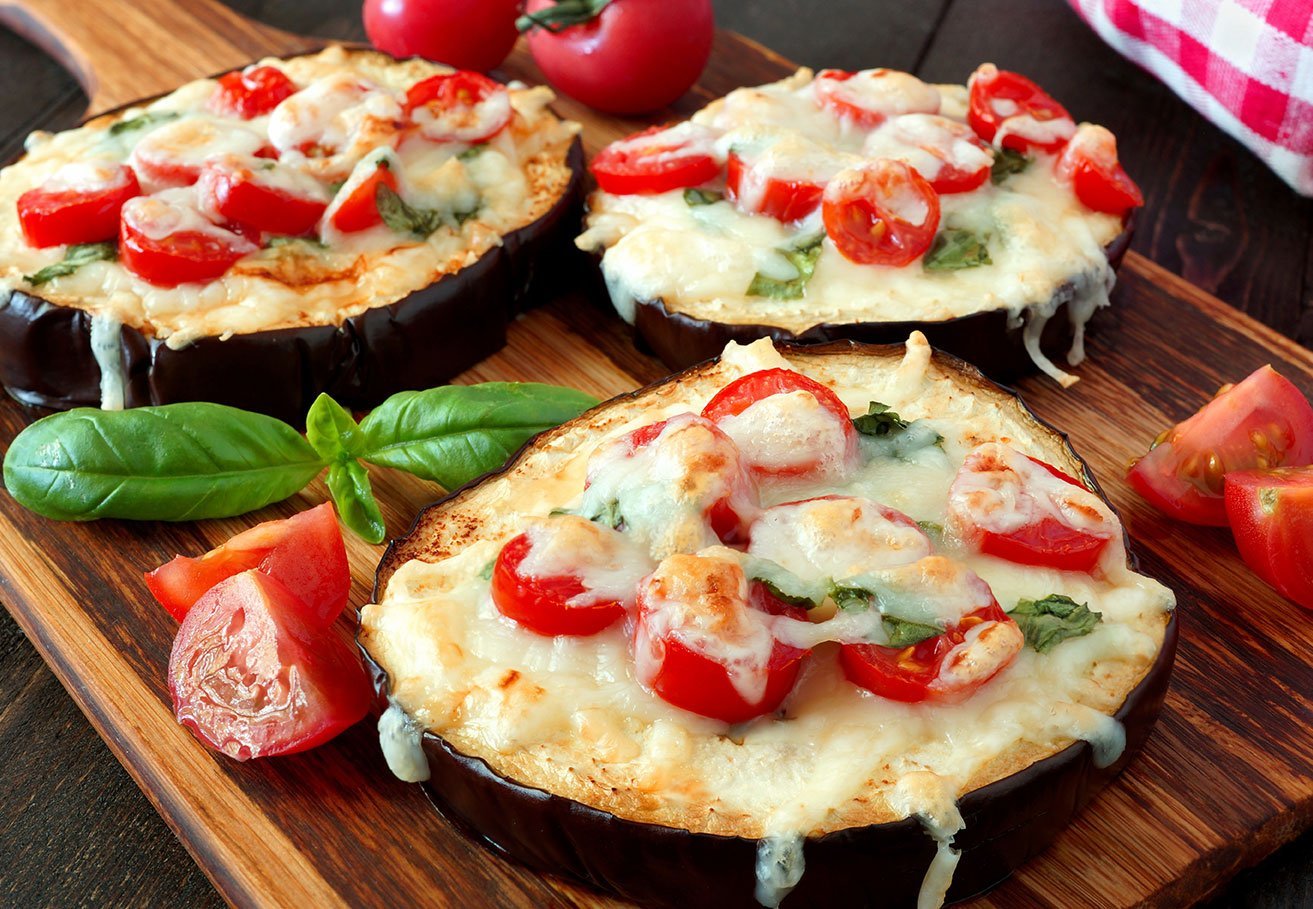 Healthy Eggplant Mini Pizzas With Melted Mozzarella, Tomatoes An