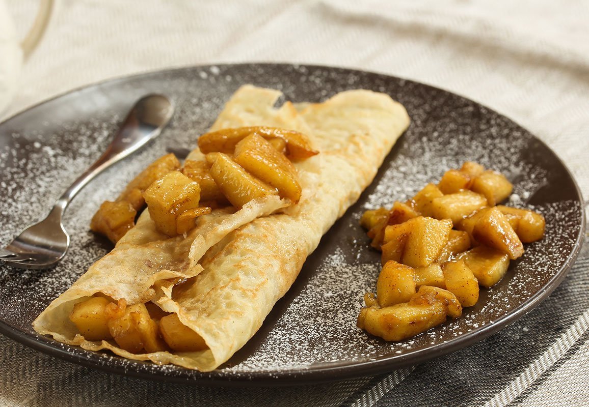 Apple Crepes Crepes With Caramelized Apples, Selective Focus