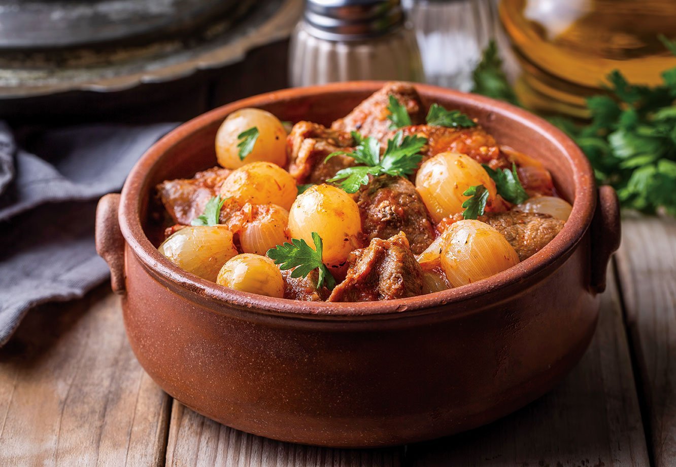 Traditional Greek Dish Of Beef Stifado In A Sauce. Meat Stew, O