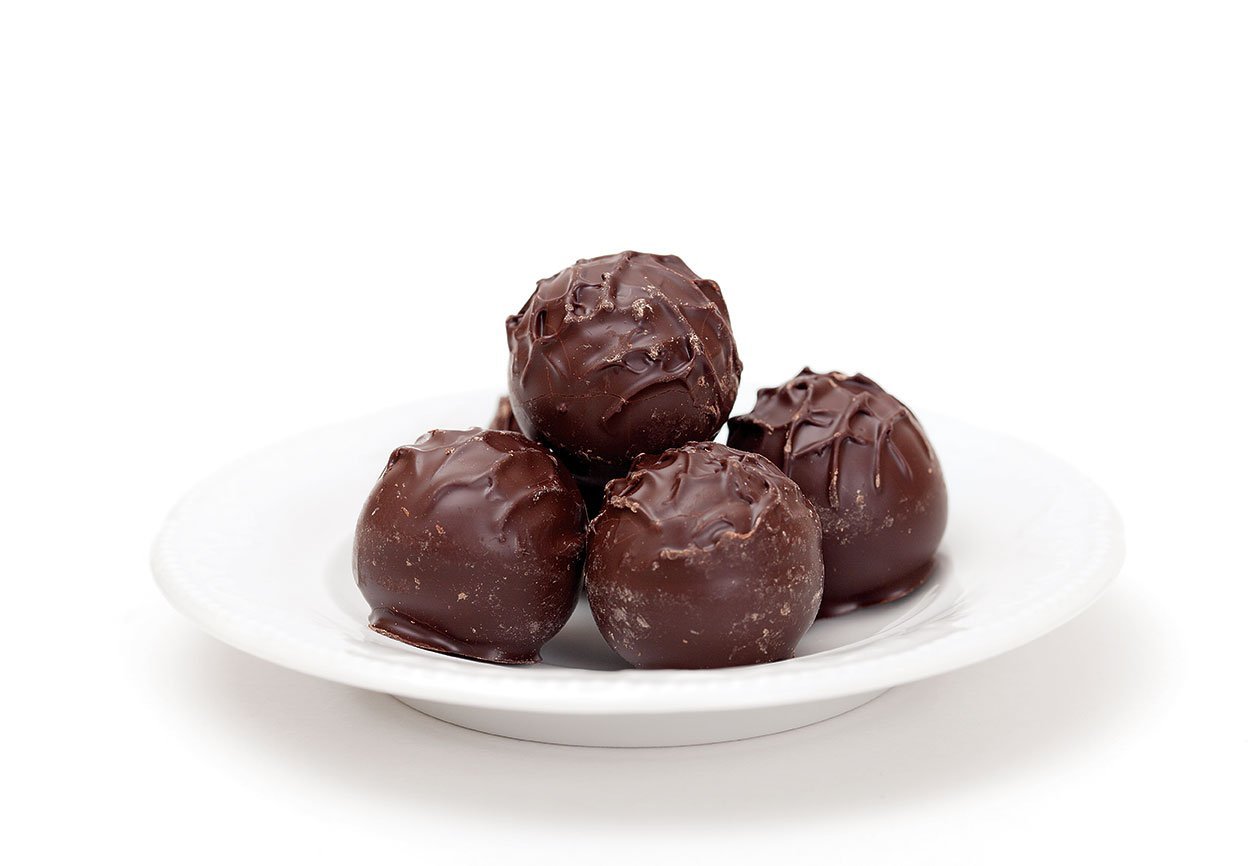 Dark Chocolate Truffles On A Plate, Isolated On White Background
