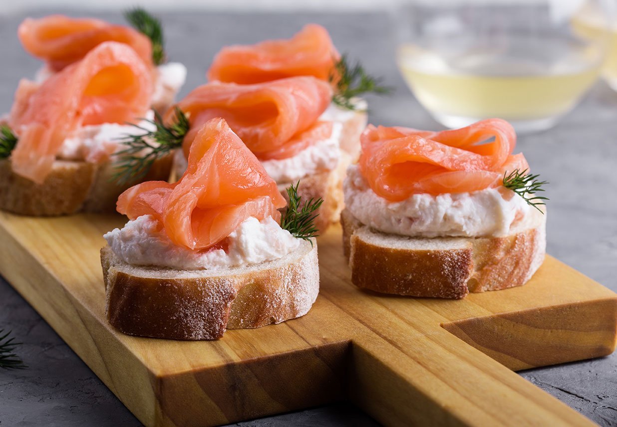 Party Food, Appetizer With Salmon Pate And Smoked Salmon On Cut