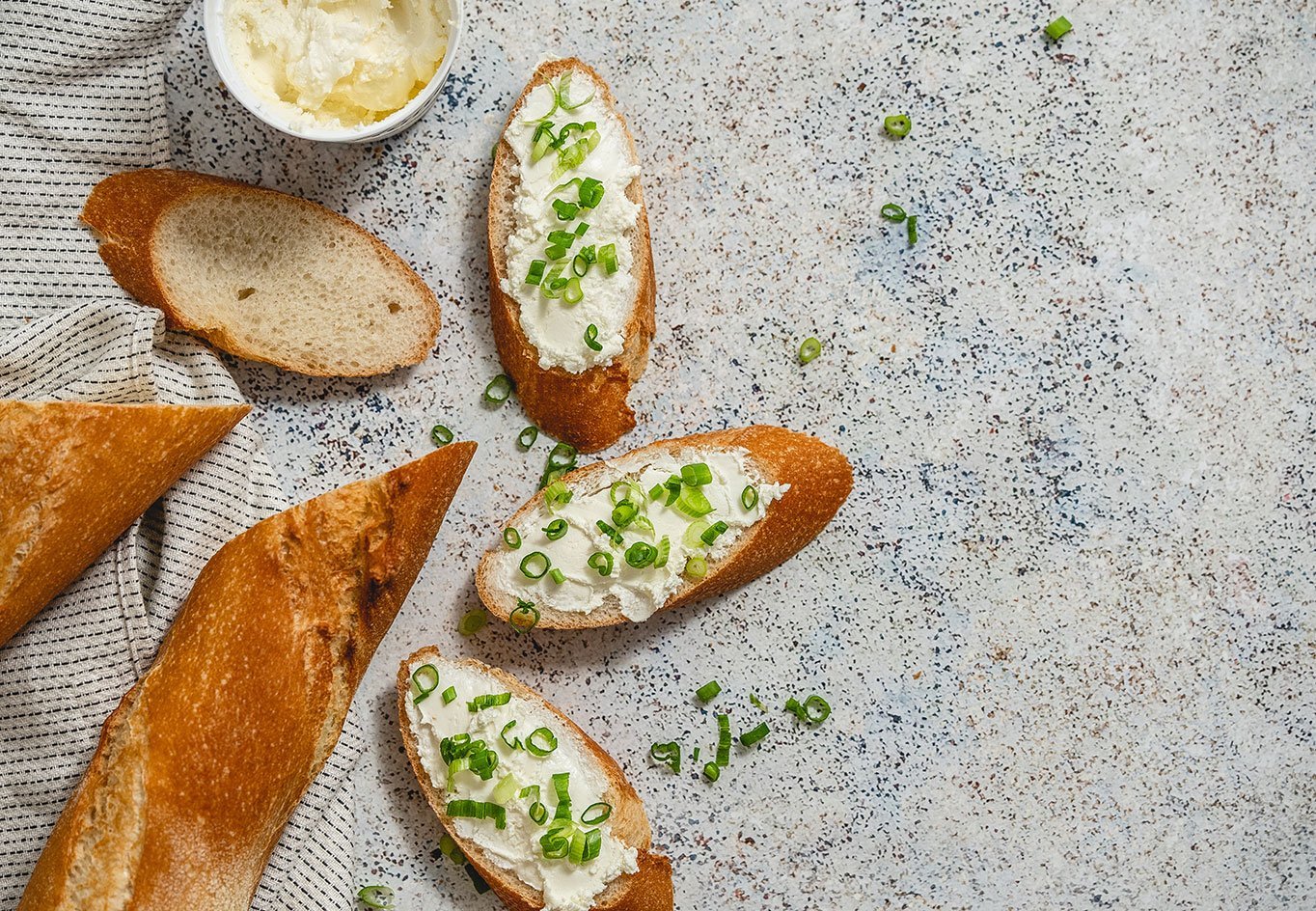 Fresh And Delicious Crispy Baguette With Cream Cheese And Chives