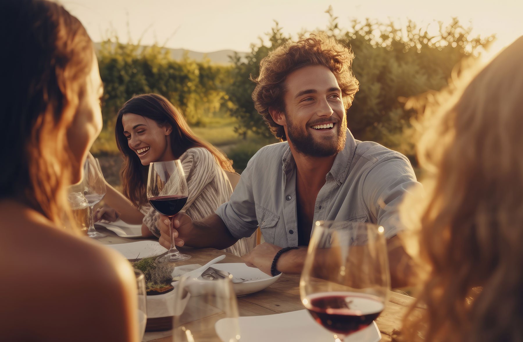 Happy Friends Have Fun In The Fresh Air Young People Raise Glasses Of Wine At The Winery