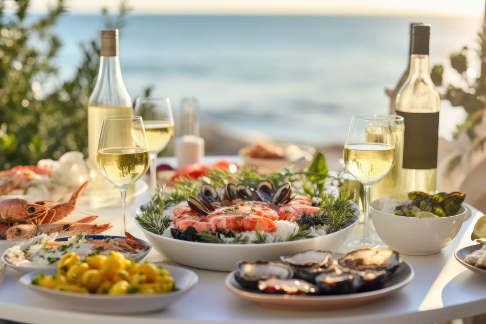 Seacuterie Table Spread With Various Marine Delicacies, Complemented By Fresh Herbs And Wines Ai Generated