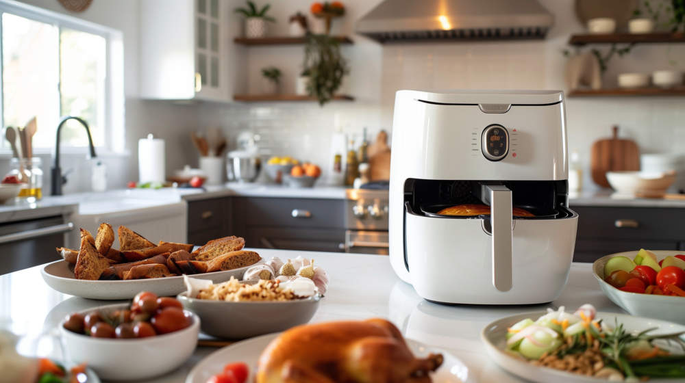 Close Up Of A White Air Fryer On The Kitchen Island