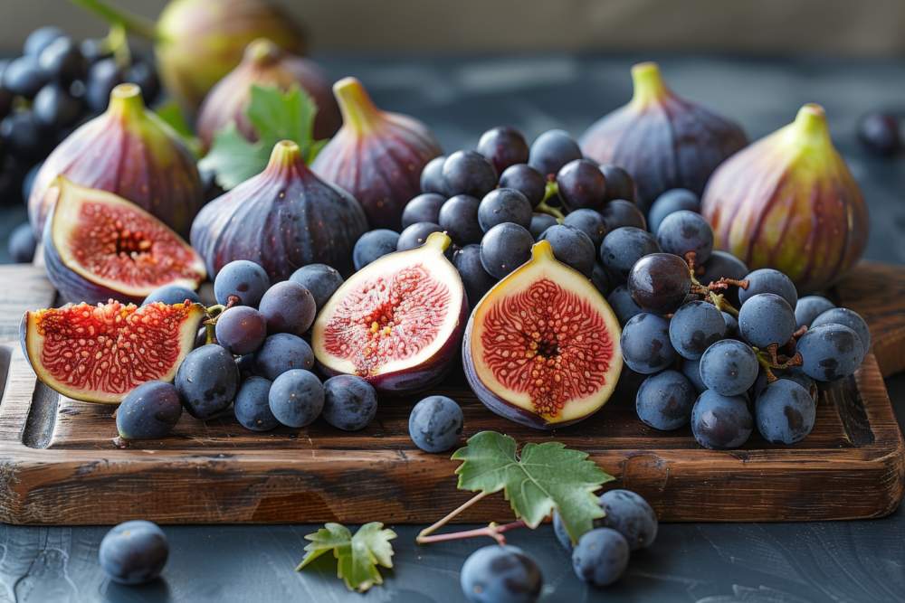 An Inviting Selection Of Halved And Whole Figs Amidst Clusters Of Black Grapes On A Textured Wooden Table