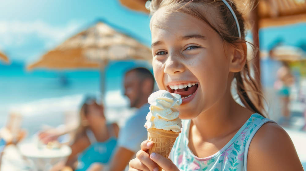 A Young Girl Is Eating A White Ice Cream Cone On A Sunny Day