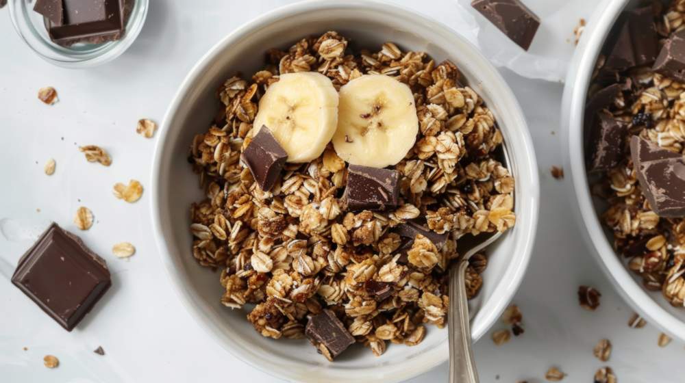 Chocolate Smoothie Bowl With Bananas, Granola And Chocolate On Light Gray Concrete Background. Healthy Vegetarian Breakfast. Top View.