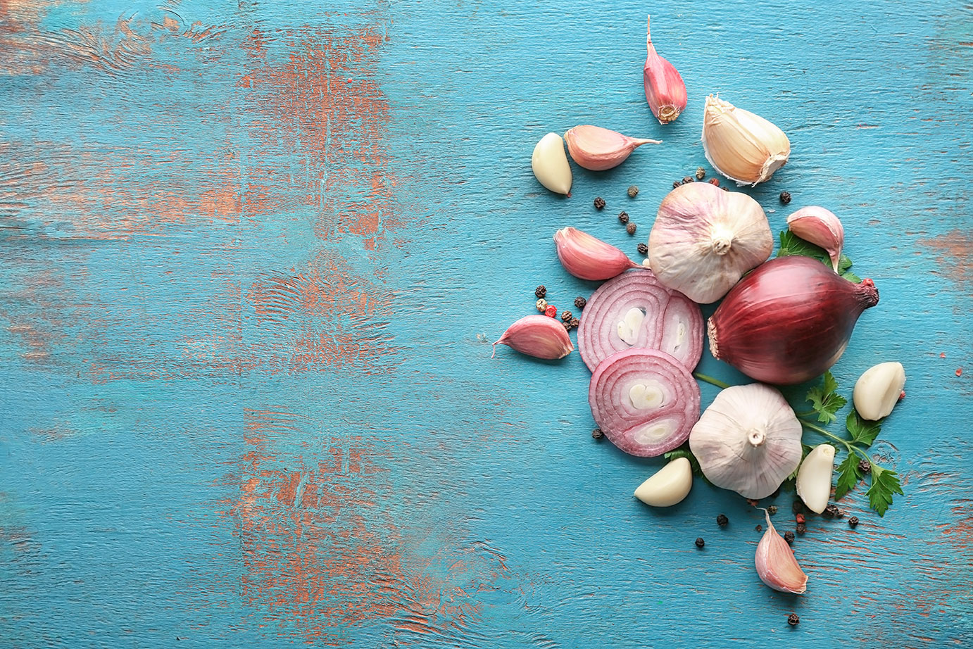 Fresh Garlic And Onion On Color Background, Top View