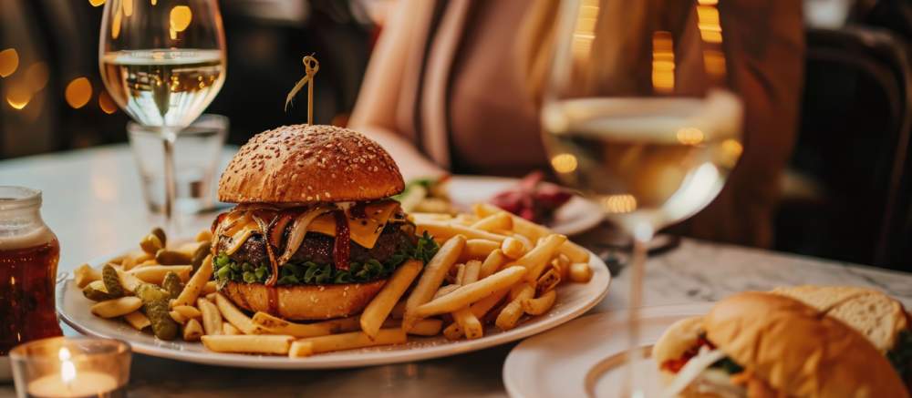 Pink Manicured Lady About To Eat A Big Burger At A Paris Restaurant. She Ordered Fries, A Sandwich, And White Wine. Delicious Meal On Table.