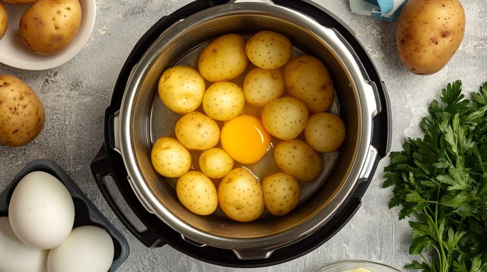 Flat Lay. Preparing Potato Salad By Pressing Potatoes And Eggs Together.