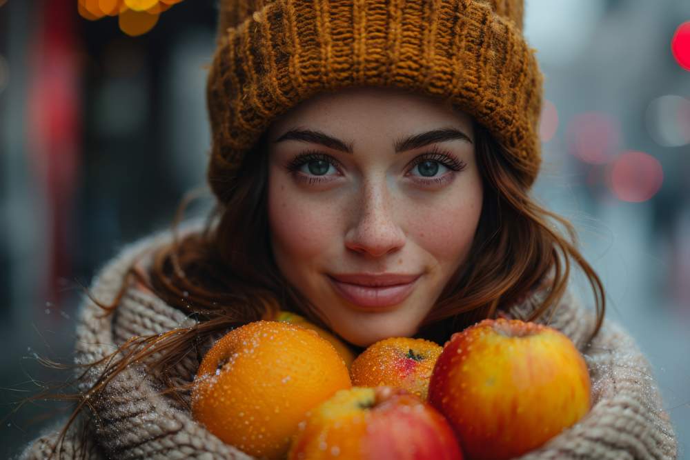 Smiling Woman In Winter Attire Holding Fresh Oranges And Apples