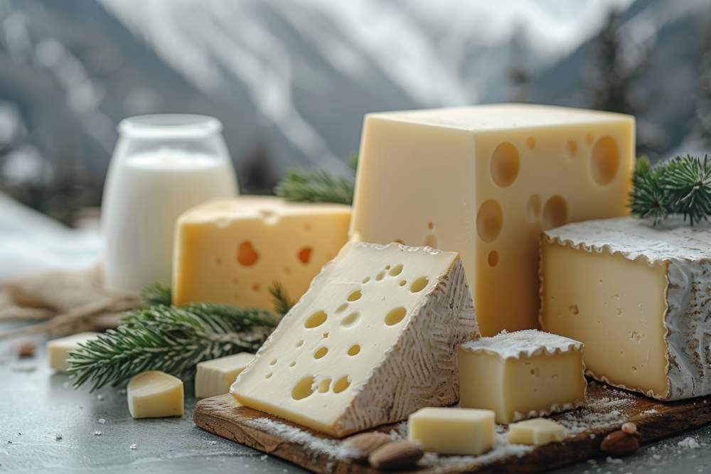 Delicious Dairy Display Assorted Cheeses And Fresh Milk On A Scenic Green Meadow With Mountains