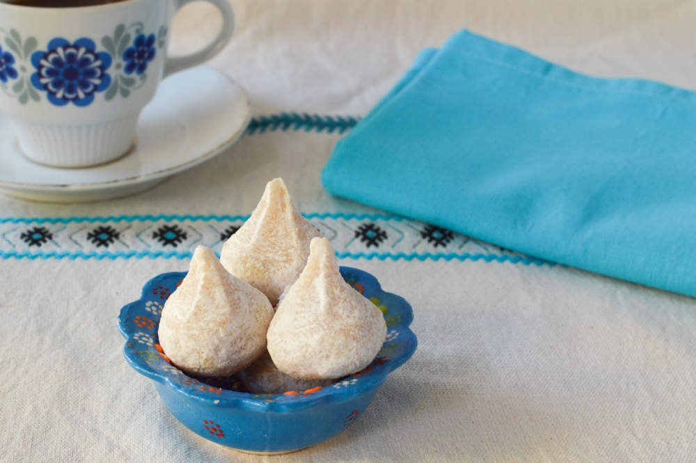 Traditional Greek Almond Cookies Amygdalota In A Blue Bowl