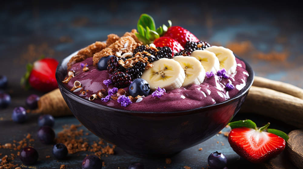 Acai Bowl With Granola, Chia Seeds, Banana And Wild Berries For A Healthy And Satisfying Treat. This Breakfast Creates An Appetizing Appearance, Filling You With Vitamins And Energy.