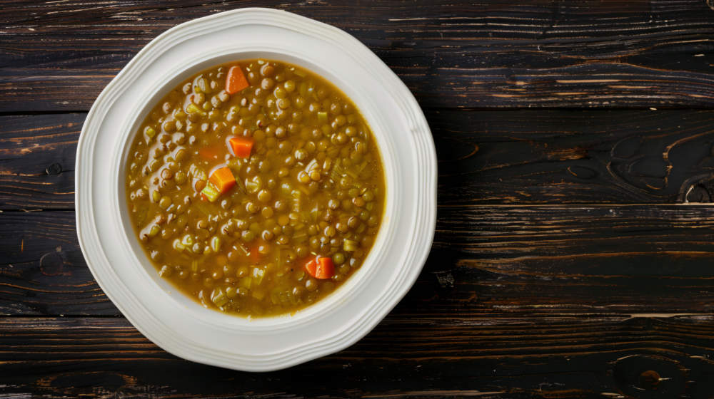 Delicious And Hearty Bowl Of Lentil Soup With Carrots And Celery, Served On A Rustic Wooden Table