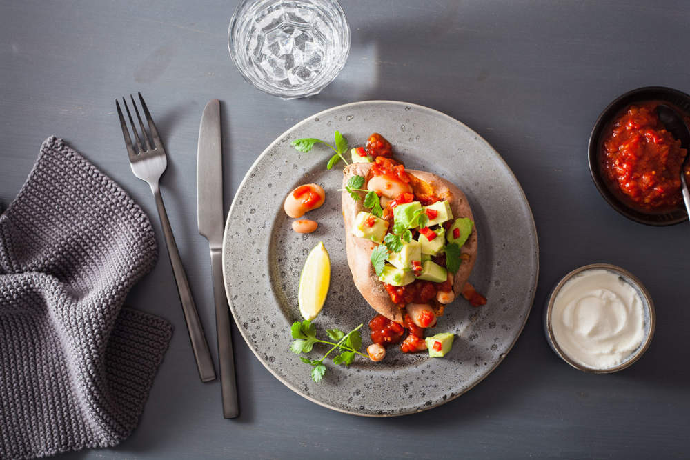 Baked Sweet Potatoes With Avocado Chili Salsa And Beans