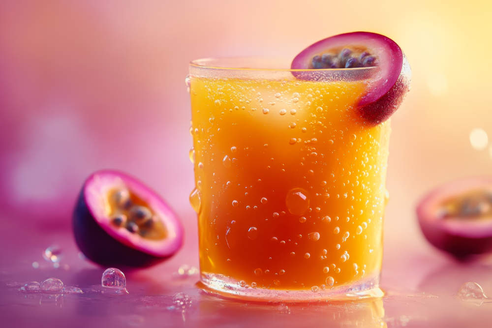 A Vibrant Glass Of Passion Fruit Juice Sits On A Smooth Gradient Background, Showcasing Condensation And Garnished With A Slice Of Fresh Fruit, Ideal For Summer Refreshment.