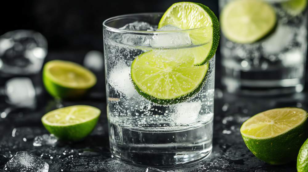 A Refreshing Glass Of Gin And Tonic With Lime Slices And Ice.