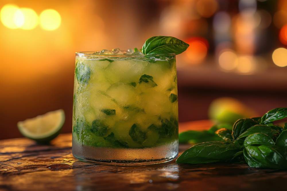 Cocktail Basil Caipirinha Bright Green Colored Placed On The Right Side Of The Table With Fresh Basil On The Table. Blurred Bar With Sunlight In The Background.