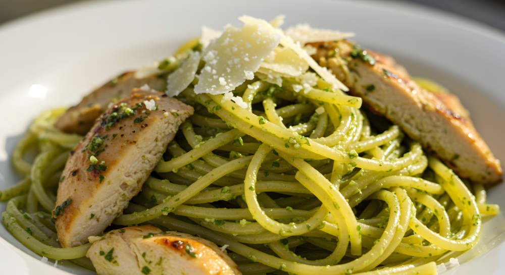 Delicious Chicken Pesto Pasta Dish Garnished With Parmesan On A White Plate