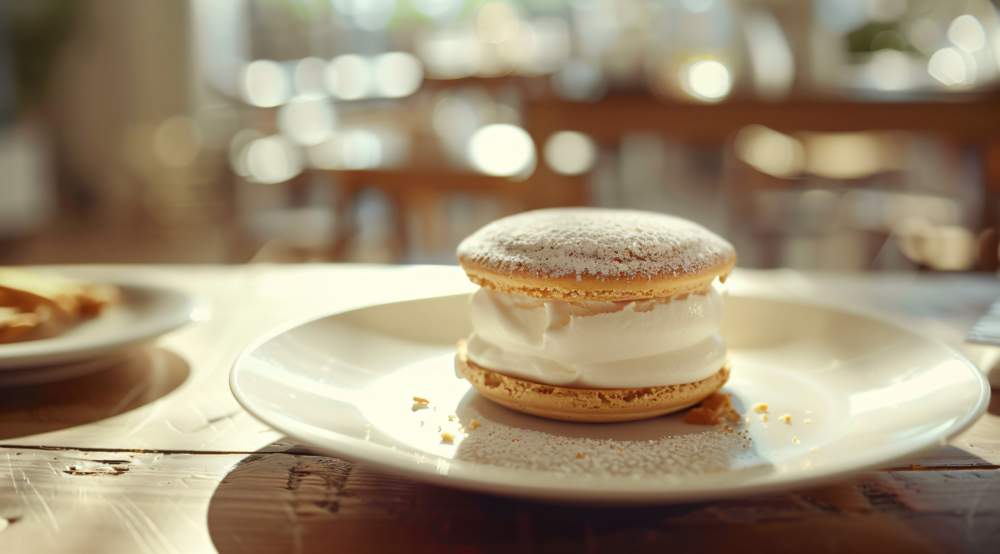 Photorealistic Ice Cream Sandwich With Vanilla Meringue On White Plate