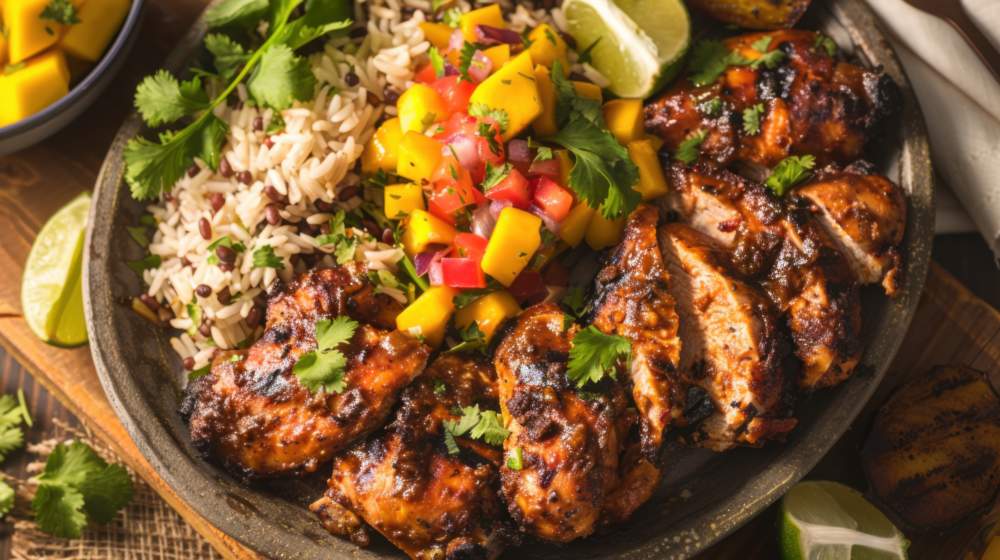 A Mouthwatering Platter Of Jamaican Jerk Chicken With Spicy Marinade, Served With Rice And Peas