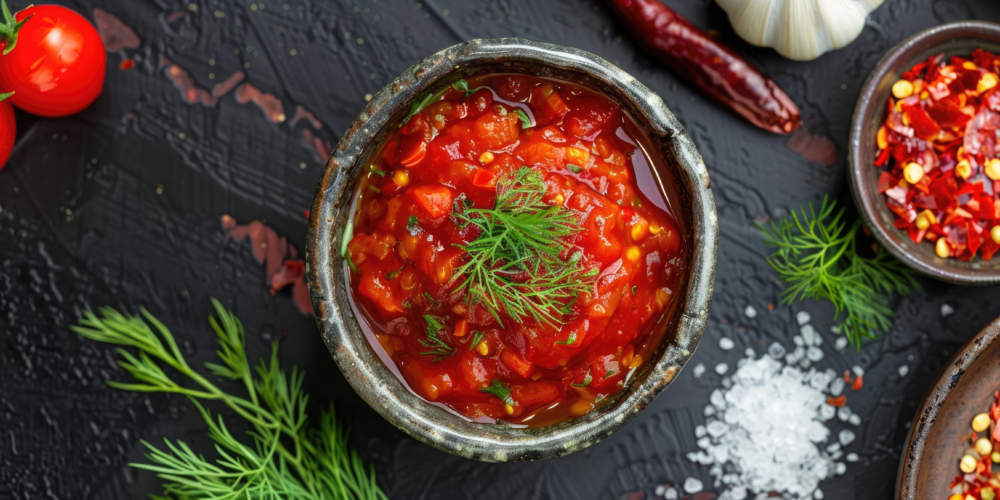 Small Round Saucer With Georgian Tkemali Sauce, Cooking Ingredients, Ripe Tomatoes, Sauce For Meat And Fish, Top View, Dark Background