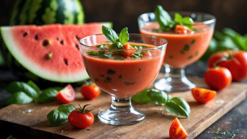 Fresh Tomato And Watermelon Gazpacho Soup Garnished With Basil Served In Glass Bowls On A Wooden Table With Vegetables And Fruit In Background Copy Space