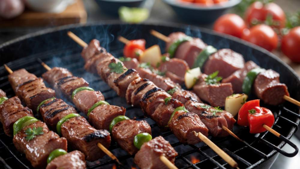 Grilled Shish Kebabs On Barbecue With Fresh Vegetables And Smoky Aroma Perfect For Summer Picnics And Outdoor Gatherings