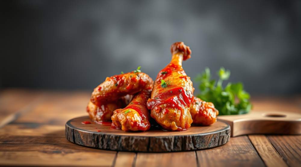 Spicy Piri Piri Chicken Drumsticks Glazed With Sauce On Rustic Wooden Board