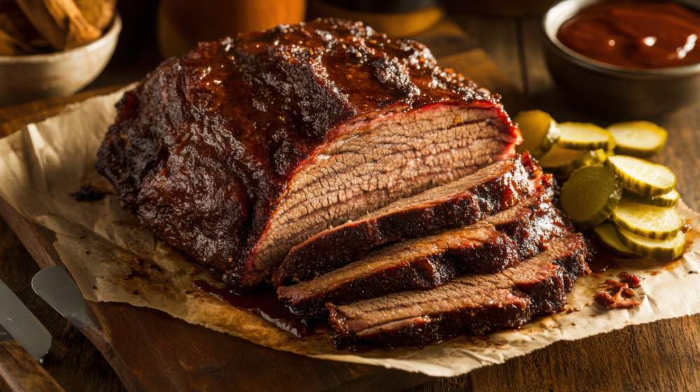 Texas Style Smoked Brisket With Visible Smoke Ring, Sliced And Served With Pickles And White Bread On Butcher Paper.