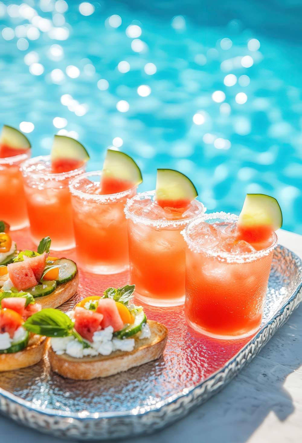 Watermelon Margaritas On The Rocks And Mini Baguette Bruschetta With Summer Vegetables And Cheese, Elegantly Arranged On A Tray Beside A Sparkling Blue Swimming Pool.
