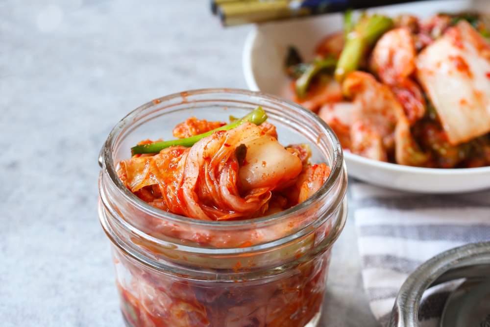 Homemade Kimchi In A Jar Close Up, Selective Focus