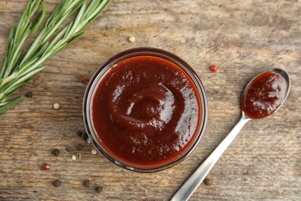 Flat Lay Composition With Barbecue Sauce On Wooden Background