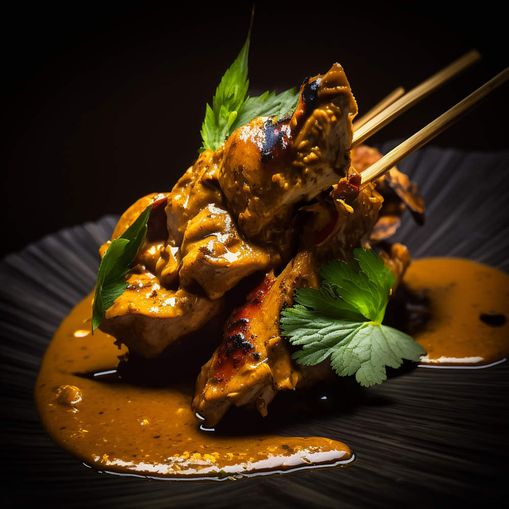 Spicy Barbecued Grilled Chicken Satay Skewers With Peanut Butter Sauce With Fresh Herbs Served In A Dish Over A Dark Background, Food .
