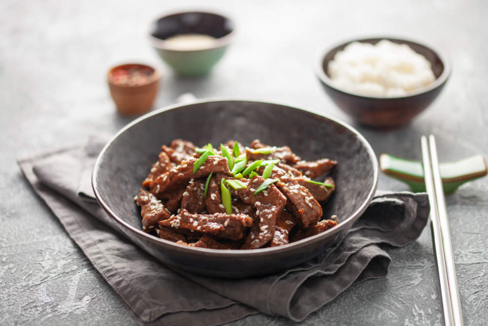 Homemade Korean Beef Bulgogi Bbq With Sesame Seeds And Green Onion