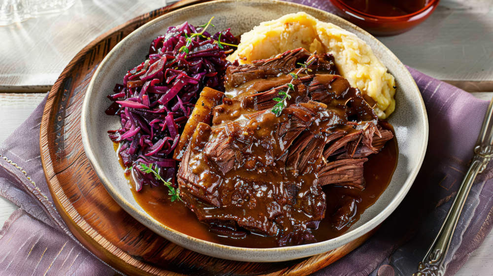 Sauerbraten, A Traditional German Dish, A German Pot Roast, Served With Red Cabbage And Mashed Potatoes